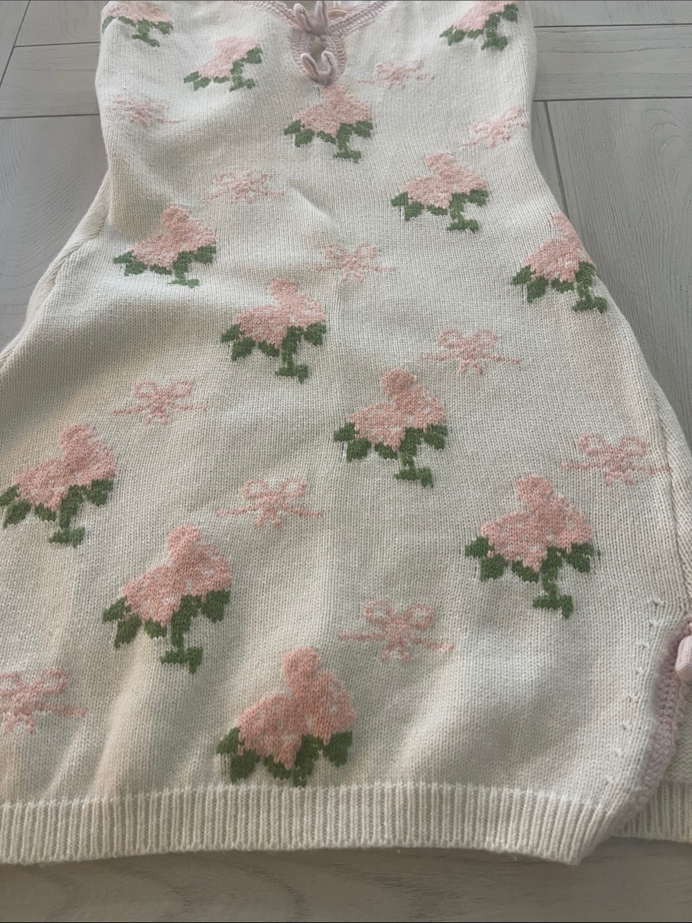 LoveShackFancy White Knit Dress with Pink Floral Bows - Picture 2 of 10